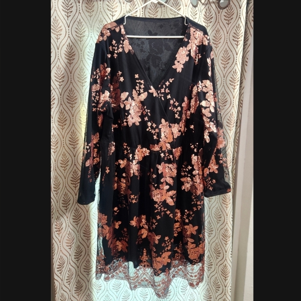 BloomChic Black Dress with Rose-Gold Floral Sequin Detail